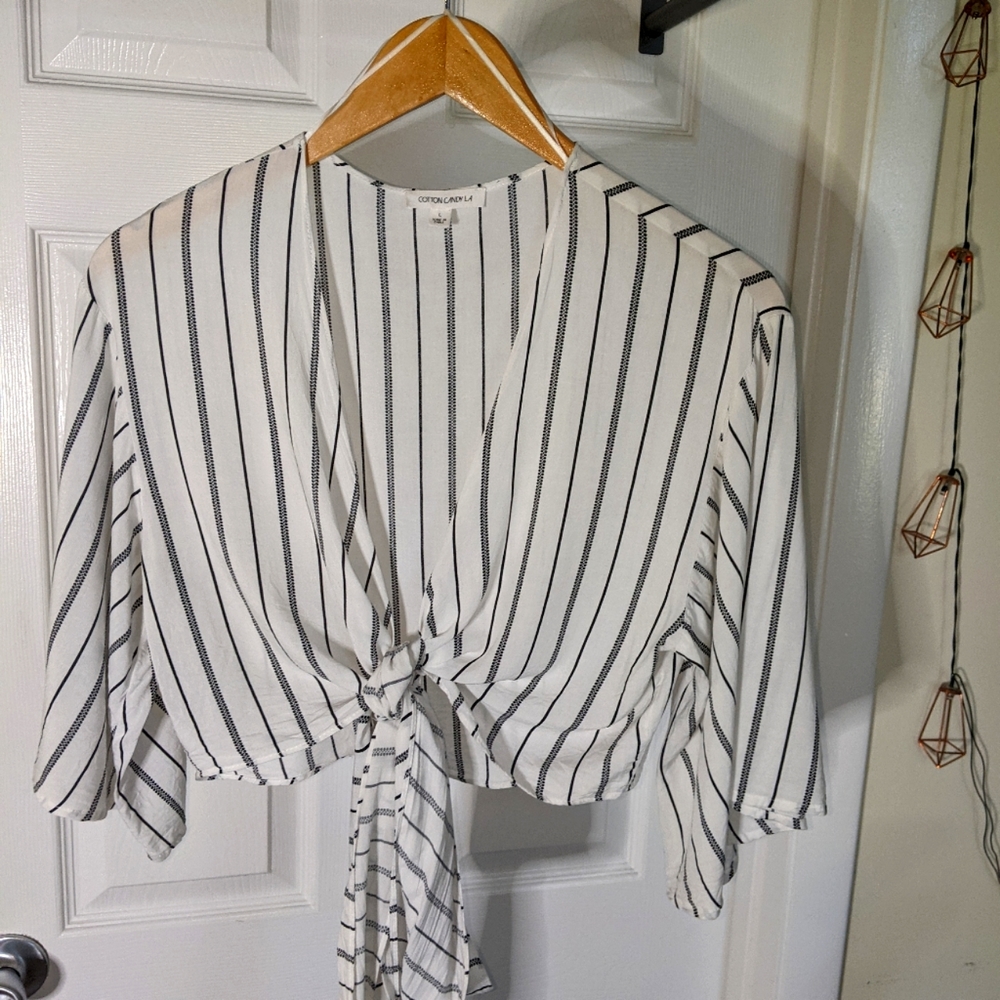Wrap Tie-Front Striped Flowy Cropped Blouse